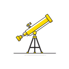 Yellow telescope stands observing stars outer space flat design