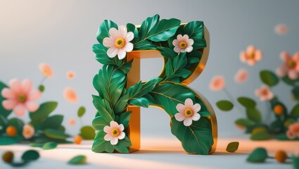 Letter r floral arrangement green leaves and blossoms creative design