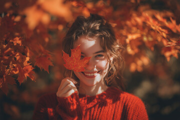A cheerful woman stands surrounded by fiery foliage, holding a maple leaf in front of one eye. The rich reds and oranges hint at fall’s warmth, while a mysterious twinkle and eerie undertone  
