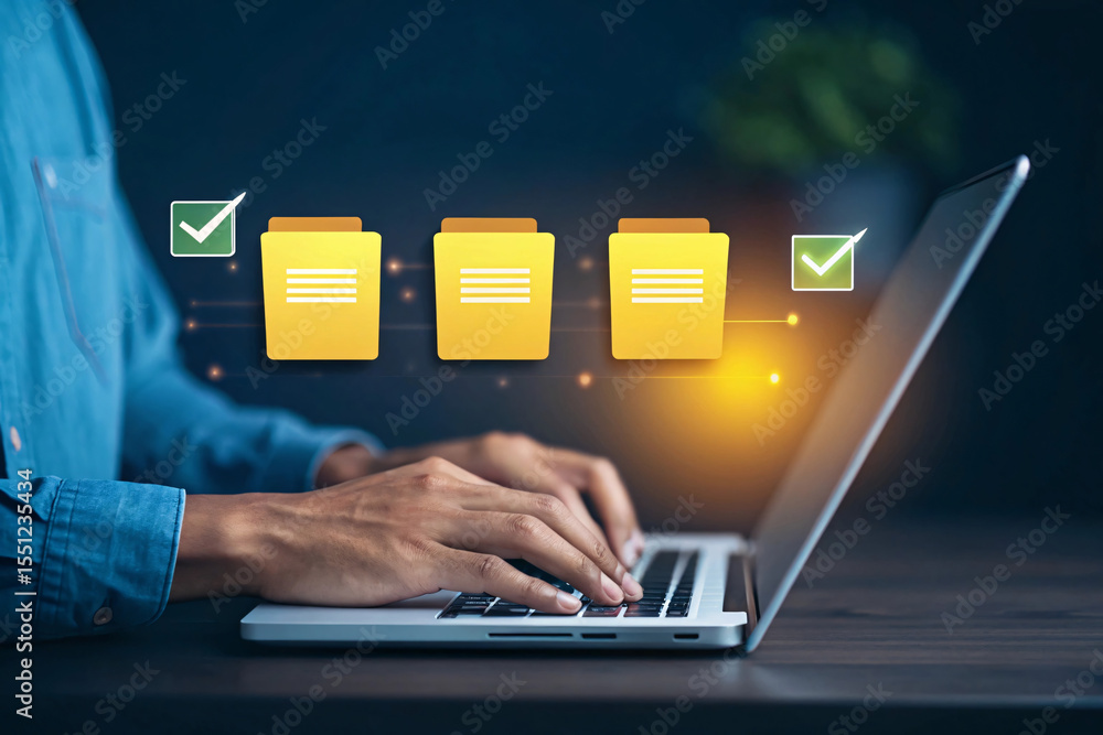Poster person using laptop with digital folders and checkmarks representing task completion isolated on whi