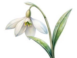 Obraz premium Delicate White Snowdrop Flower Botanical Watercolor Painting on Transparent Background, Watercolor Clipart Illustration With Isolated Background.