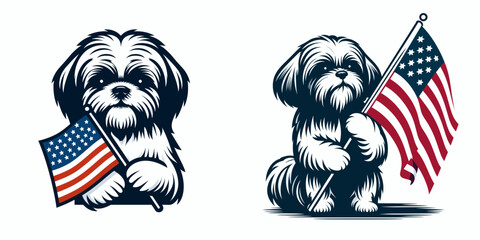 Shih Tzu Dog hold american flag. Independence Day 4th of July Flag Patriotism Usa America Clipart Line Art Vector Illustration. Little canine grips us banner patriotic pet displays national.