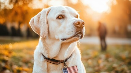 Cream Labrador stares into golden sunlight