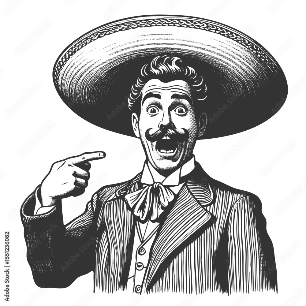 Poster man in a large sombrero, dramatically pointing at his curled mustache with intensity sketch engravin