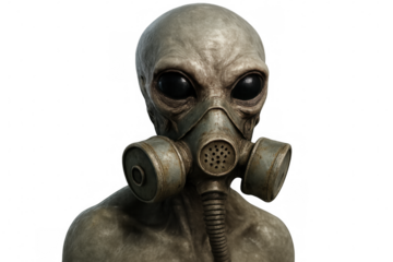 Vintage-clad grey alien donning gas mask, peering forward against stark backdrop, embodying extraterrestrial intrigue and apocalyptic menace