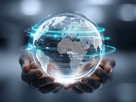 Hands holding a glowing, digital globe