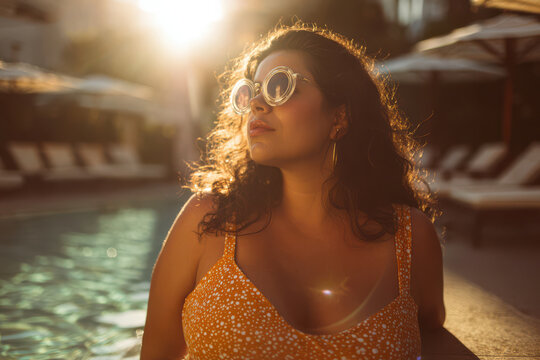 Plus size woman enjoying luxury vacation by swimming pool
