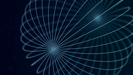 Abstract 3d sphere. Mesh of sphere with points on dark background. Science and technology. 3d
