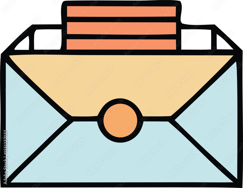 Poster a stylized illustration of a closed envelope with a light blue front a cream colored flap and stacke