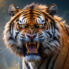Angry tiger face closeup wildlife animal predator big cat feline bengal tiger portrait