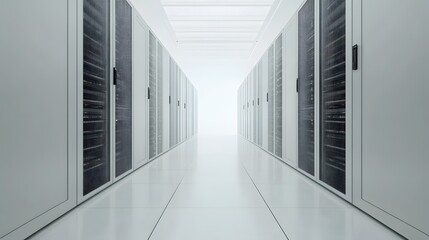 3D render of a sterile, white server room corridor with rows of identical black server cabinets.