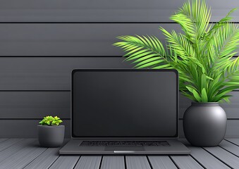 Laptop with plants on a wooden surface