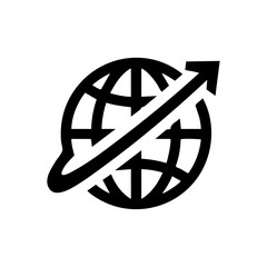 Clean black vector icon of a globe with an arrow orbiting outward. Ideal logo element for global business, export, and technology services



