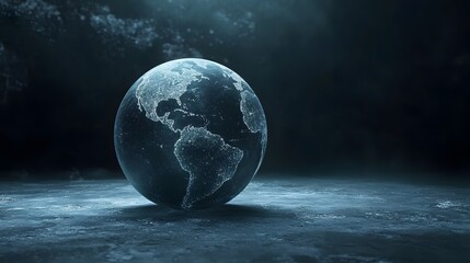 Digital illustration of a glowing blue Earth resting on a dark, reflective surface.