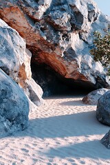 Rocky cave entrance. Sandy path