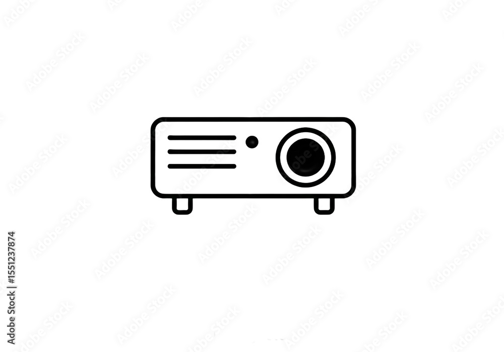 Poster a simple line drawing of a projector with vents and a lens on a white background in vector format