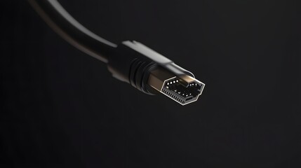 Photograph of a black HDMI cable with a gold connector floating against a dark background.