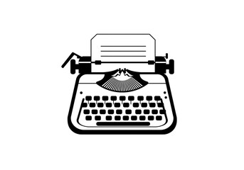 A black and white illustration of a vintage typewriter with a piece of paper in the machine
