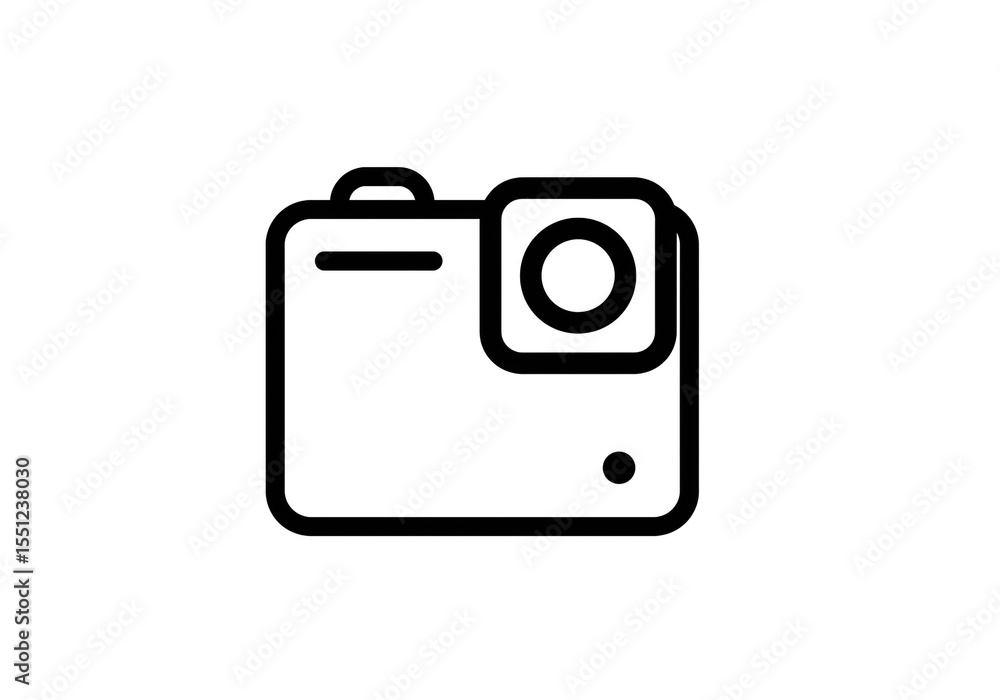 Poster a simple black and white line drawing of a camera with a lens and a button on a white background