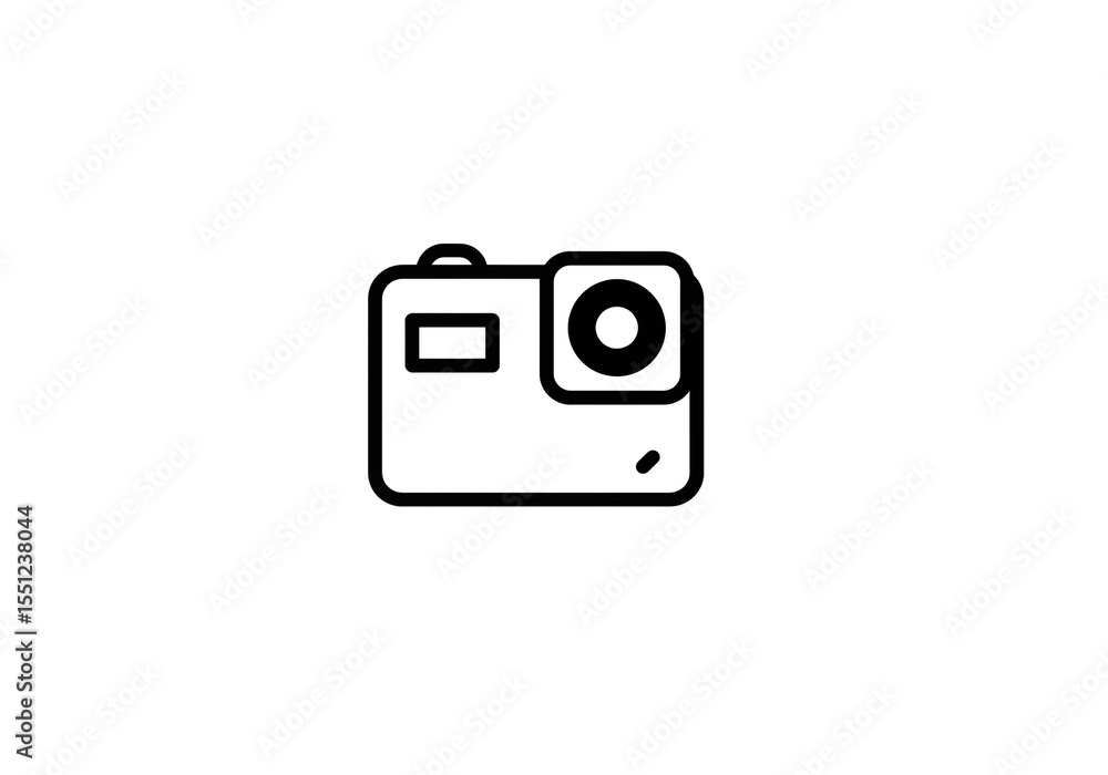 Poster a simple line drawing of a camera with a lens and a flash on a white background in a minimalist styl