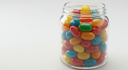 A glass jar filled with assorted colorful jelly beans on a white surface