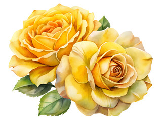 Two Yellow Roses Watercolor Painting on Transparent Background, Watercolor Clipart Illustration With Isolated Background.
