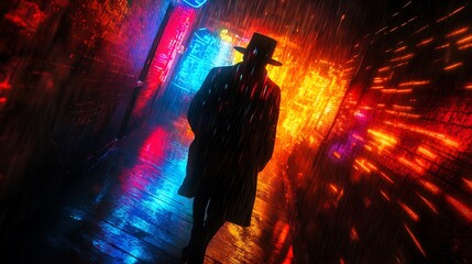 Urban Enigma: A Silhouette Under Cyberpunk Rain, Reflecting City Lights