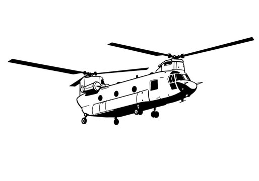 A detailed black and white line drawing of a chinook helicopter in flight on a white background