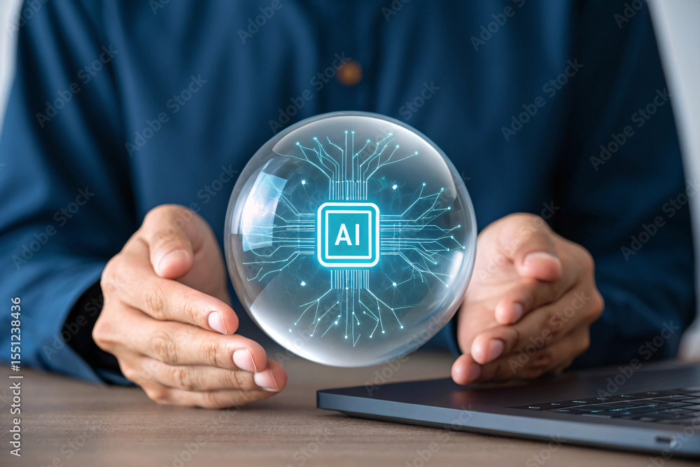 Poster man holding a crystal ball with ai chip and circuit board inside isolated on white background