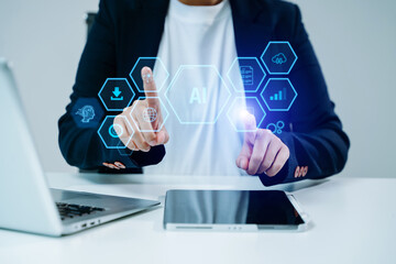 AI Artificial Intelligence. Business woman using AI technology for data analysis, coding computer...