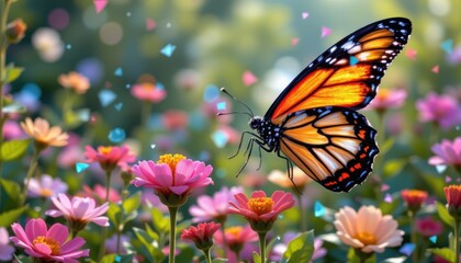 Obraz premium Butterfly hovering over colorful flowers in a vibrant garden setting.