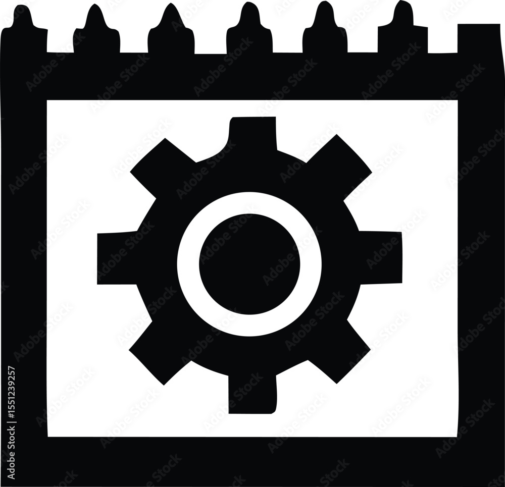 Poster black silhouette of a gear symbol within a calendar page icon representing scheduling and mechanical