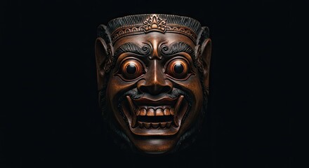 An ornately carved demonic mask stares intensely with wide eyes and a menacing grin against a stark black background