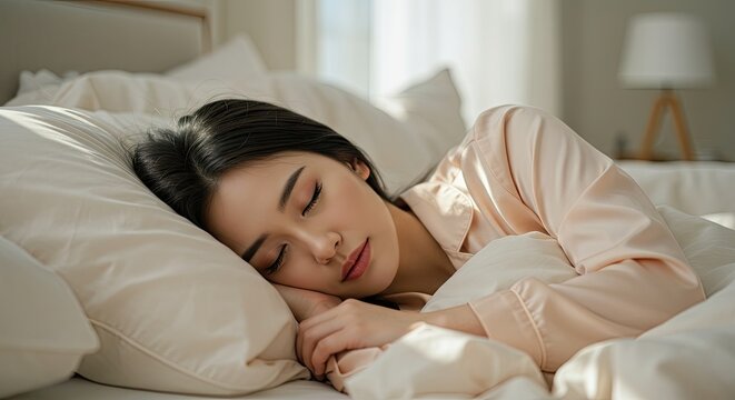 A young woman sleeps peacefully in a bed