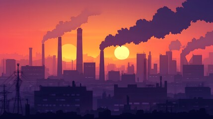 Fototapeta premium Digital illustration of a silhouetted industrial cityscape under a fiery sunset with prominent smoke stacks.