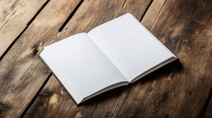 Fototapeta premium Empty Brochure Spread Open on Warm Wooden Table Surface
