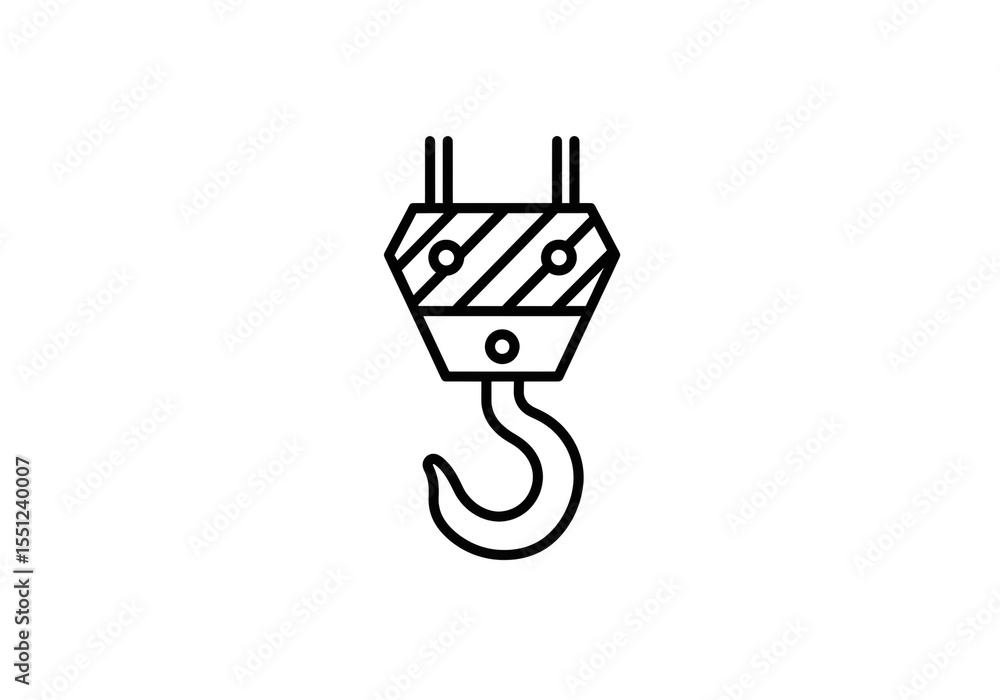 Poster a simple line drawing of a crane hook with a striped pattern on the top section isolated on white