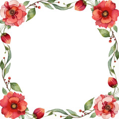 Watercolor floral frame with red flowers and green leaves  