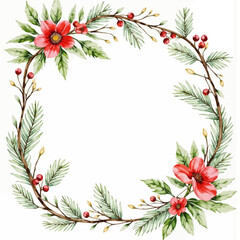 Watercolor floral wreath with red flowers and green leaves  