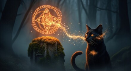 Enchanting Black Cat Conjuring Mystical Energy from Ancient Forest Altar