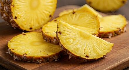 Cut pineapple slices are arranged on a wooden cutting board