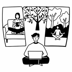 Burnout Prevention Vector Showing Work-Life Balance, Breaks, and Digital Detox Activities