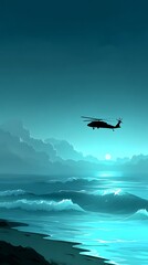 Silhouette helicopter over tranquil ocean