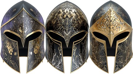 Three ornate helmets, detailed designs