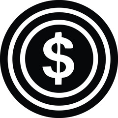 A clean minimalist black and white graphic icon featuring a prominent white dollar sign centered within concentric white rings on a black background