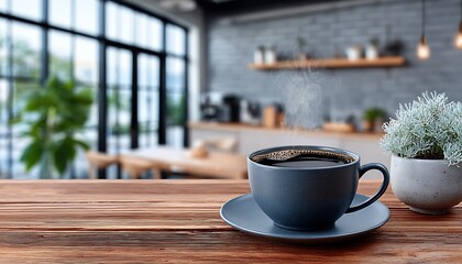 Coffee cup on wooden table, blurred cafe background