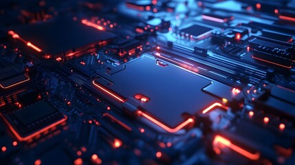 3D render of a complex circuit board with glowing red pathways and points of light.