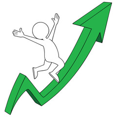 Successful growth and progress a person riding an upward trending green arrow
