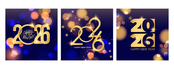 2026 Happy New Year greeting cards. Set of 2026 New Year holiday greetings. Gold color and bright blurred bokeh lights. Vector illustration.	
