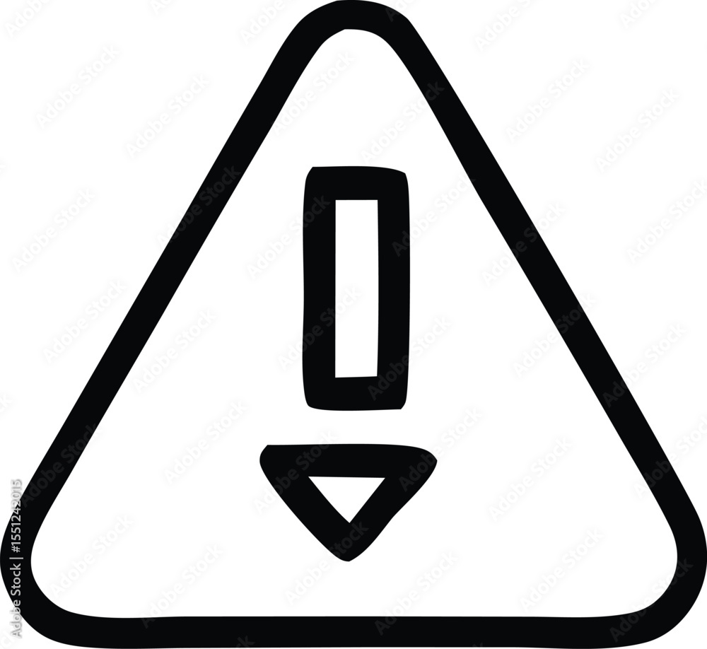 Poster a simple hand drawn black and white icon representing a warning or alert with a downward pointing ar